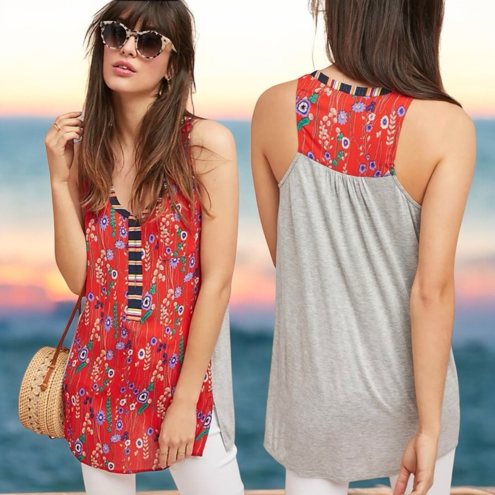 Anthropologie Red Floral Tank Top with Gray Back Panel